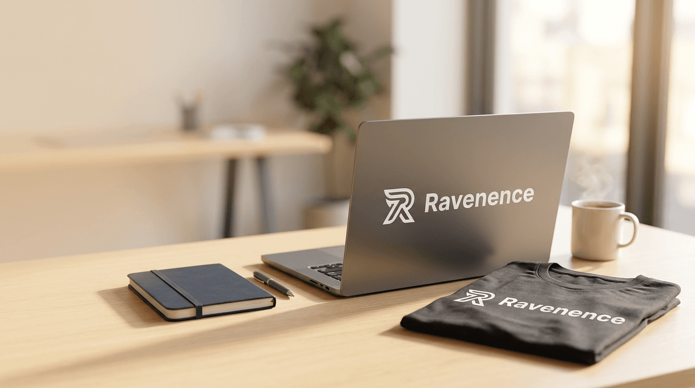Ravenence workspace with laptop, mug, and branded materials