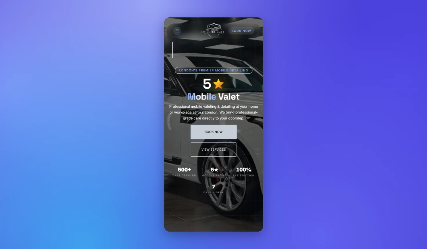 The Five Star Mobile Valet home page at 390px wide, captured 29 Sep 2026