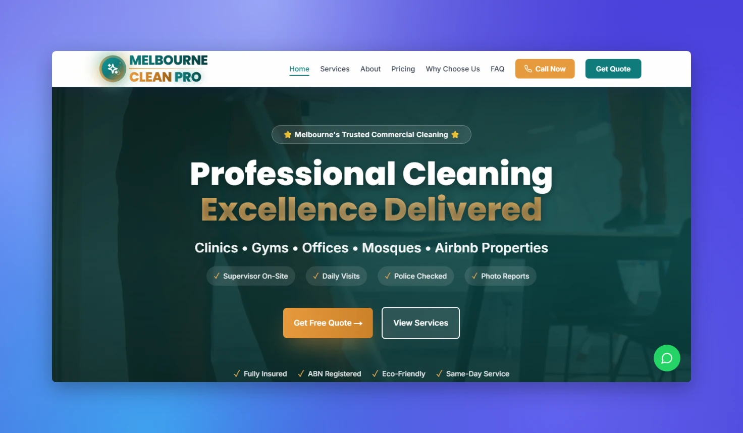 The Melbourne Clean Pro home page at 1440px wide, captured 8 Oct 2026