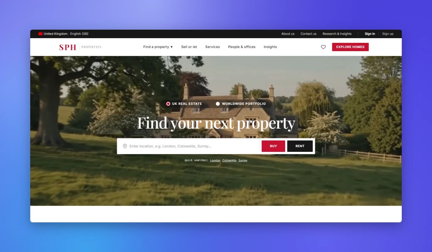 The SPH Properties UK home page at 1440px wide, captured 8 Oct 2026