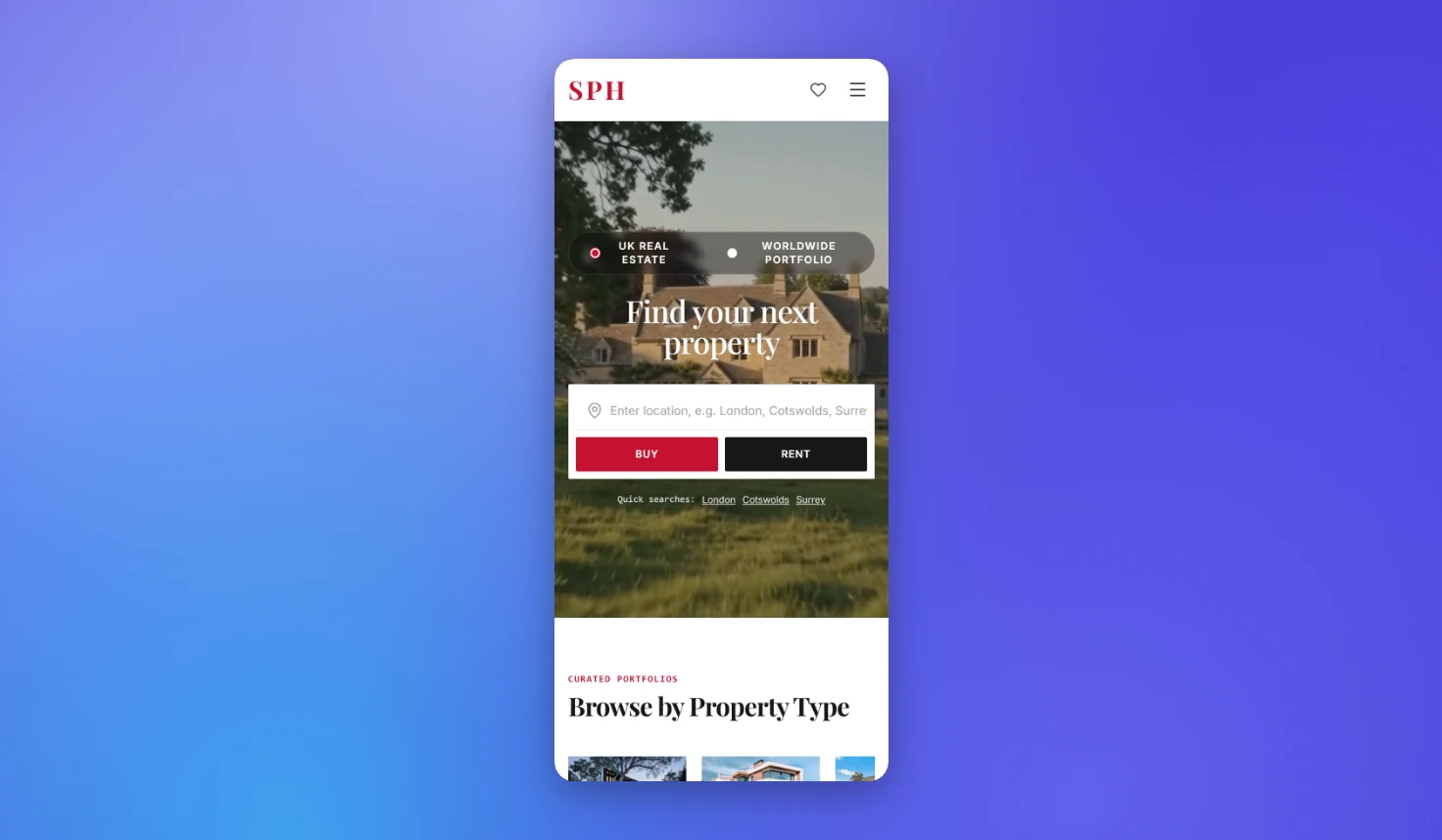 The SPH Properties UK home page at 390px wide, captured 8 Oct 2026